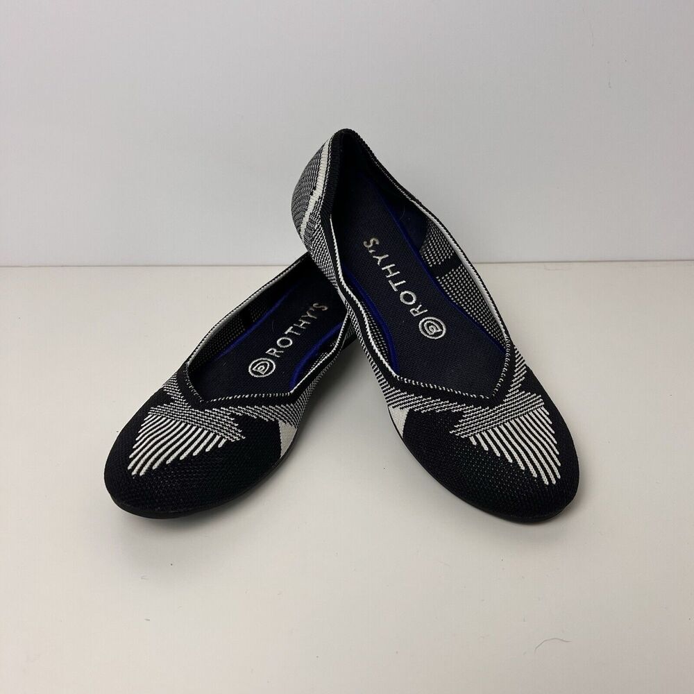 Rothy's The Flat Black And Cream Plaid Round Toe Woman's Size 8